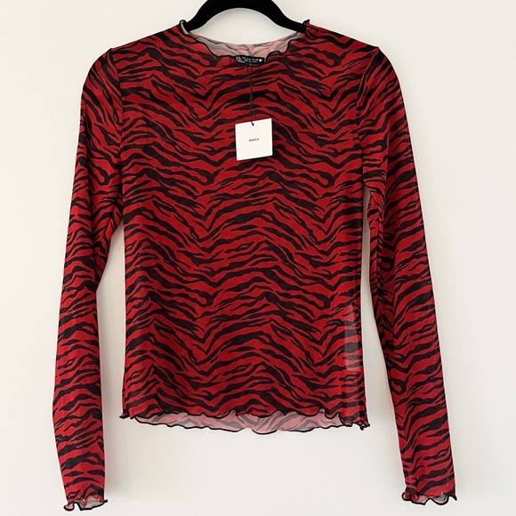 Zara Tops - NWT Zara Mesh Long Sleeve Top with Lettuce Hem in Red/Black Zebra Print